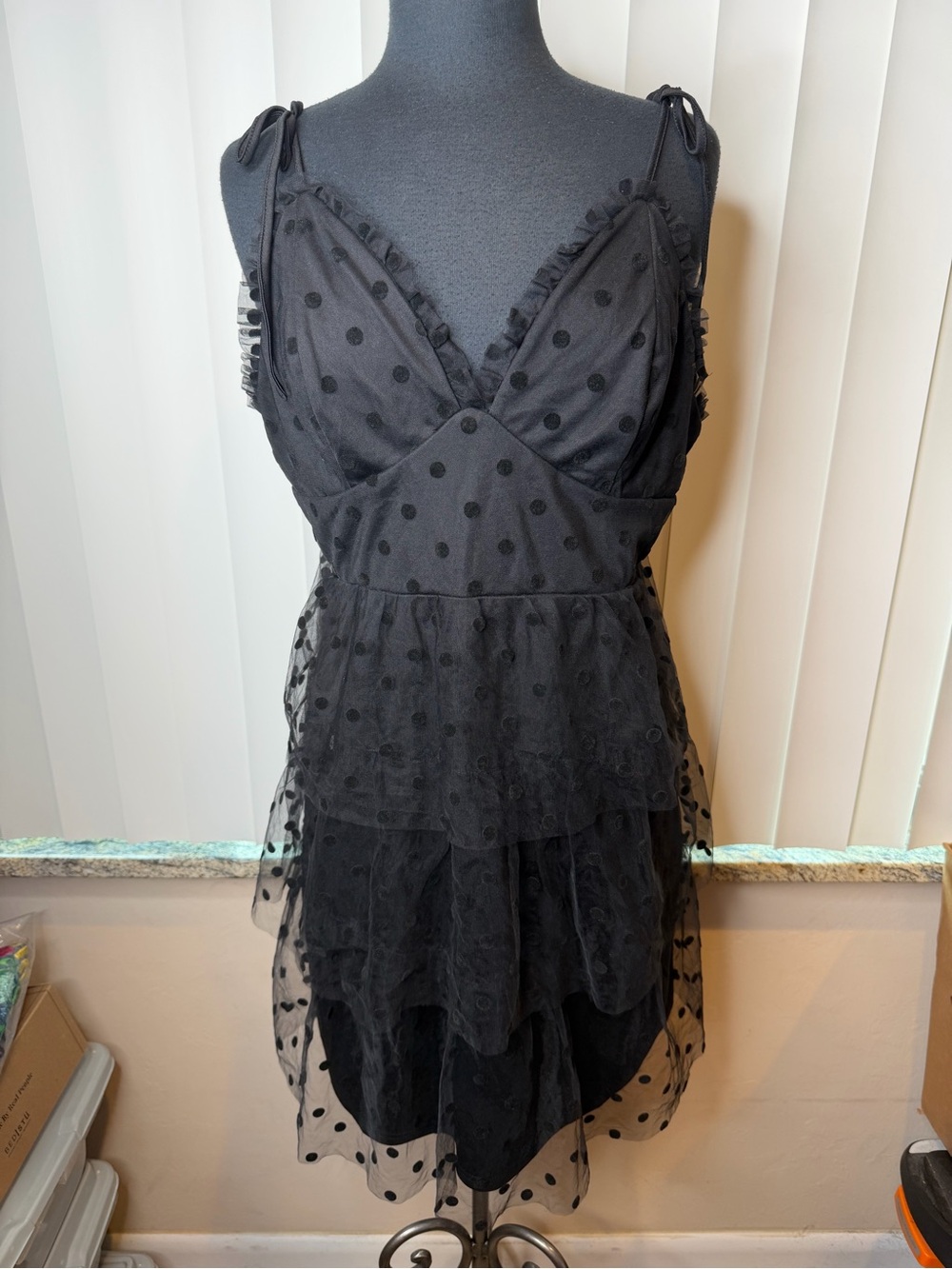 Suzanne Betro Black Polka Dot Layered Mesh Dress Spagetti Straps Plus Size 1XL